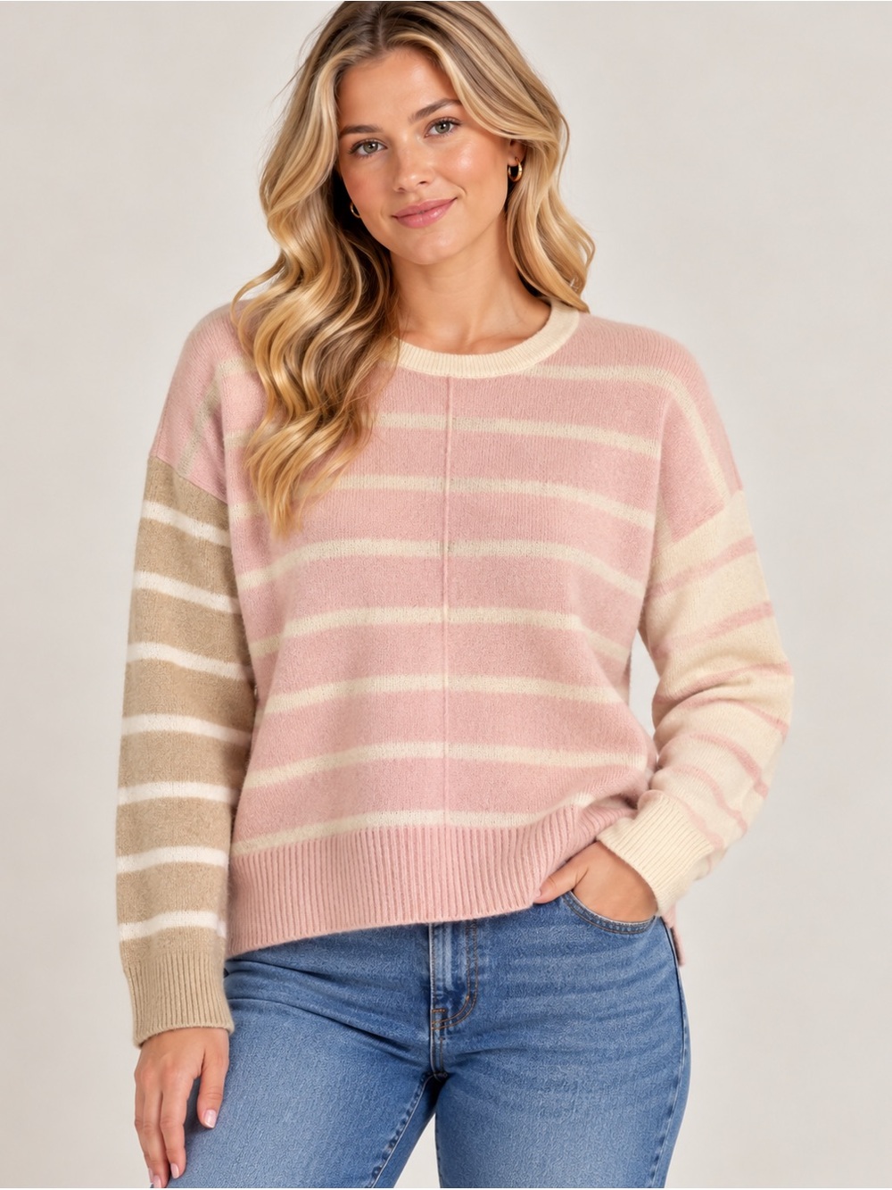 100% cashmere Vineyard Vines Pink Striped Crewneck Sweater with Cream & Tan